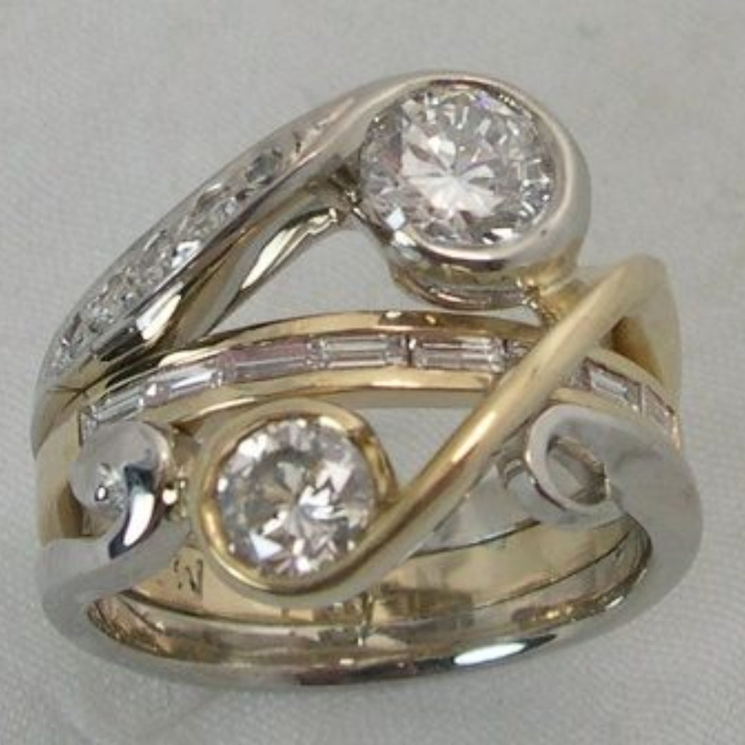 Vintage Inlaid Zirconia Gold & Silver Ring-Lydieannejewelry