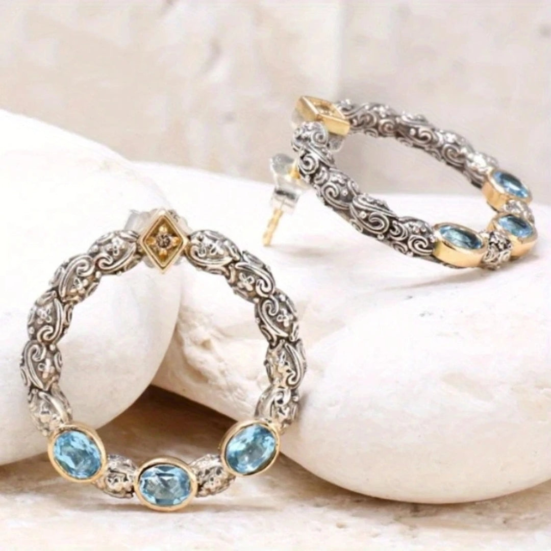 Vintage Inlaid Blue Crystals Earrings-Lydieannejewelry