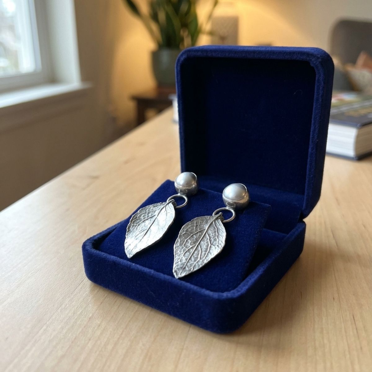 Vintage Inlaid Silver Pearl Leaf Earrings