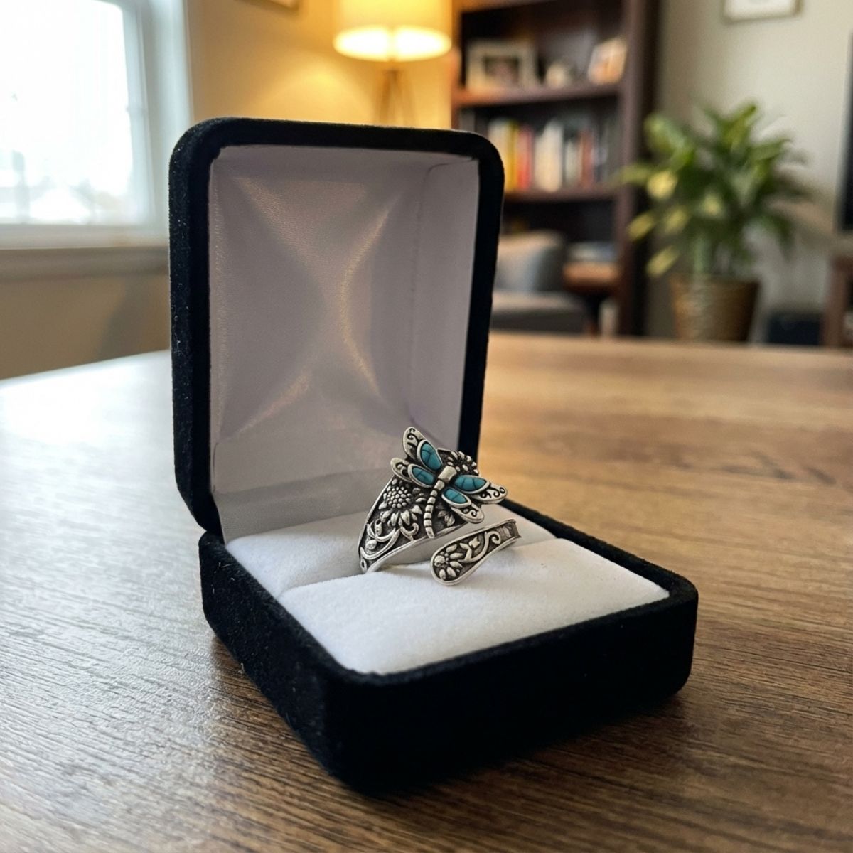 Sterling Silver Turquoise Spoon Ring – Vintage Boho Wrap Ring with Dragonfly