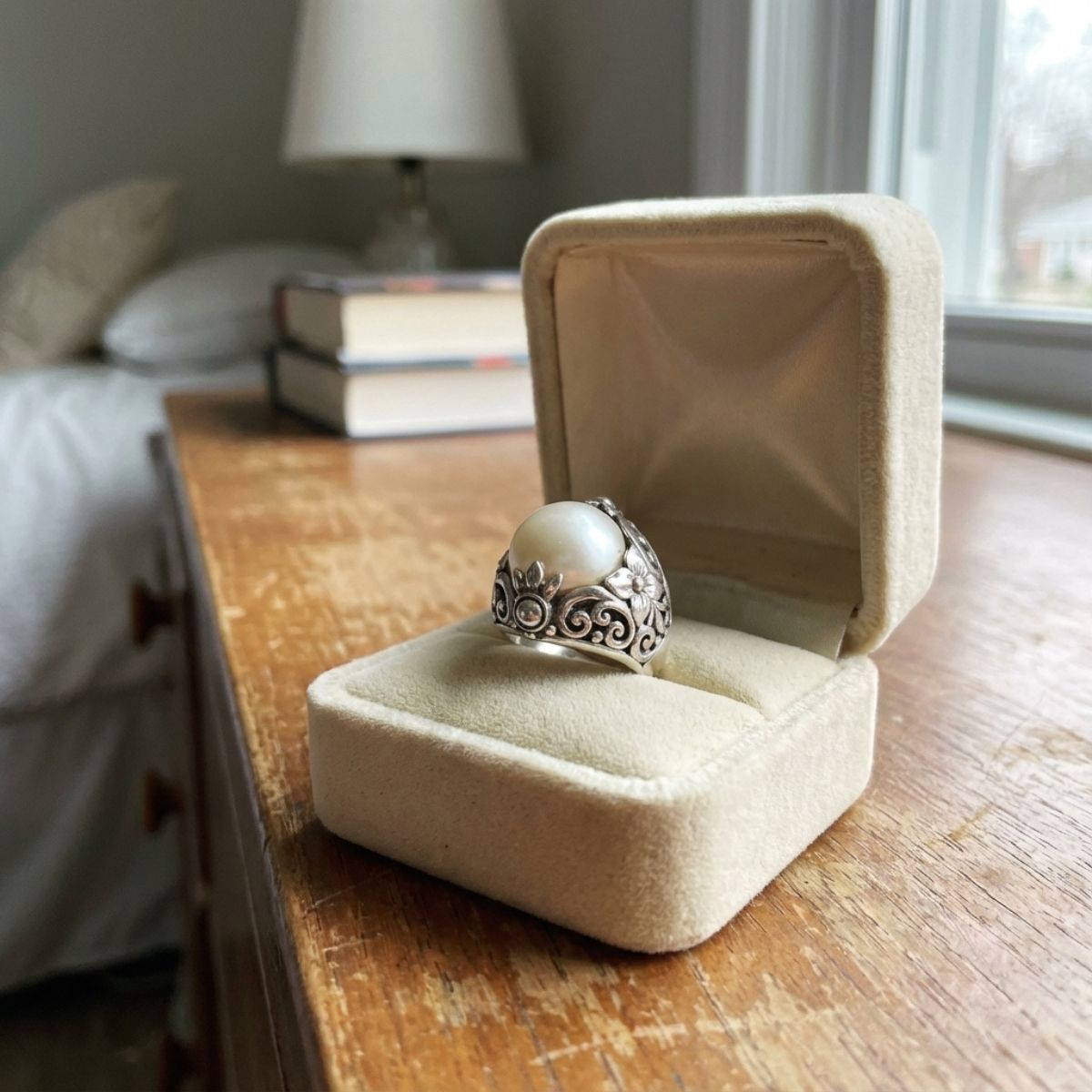 Vintage Rounded Pearl Silver Ring