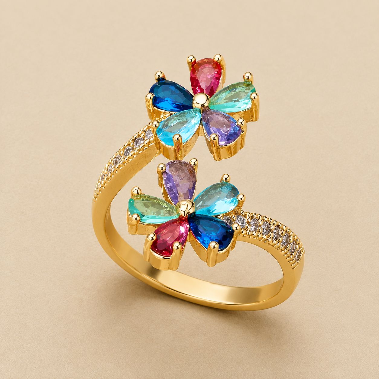 Multicolor Crystal Flower Bypass Ring – Gold-Tone