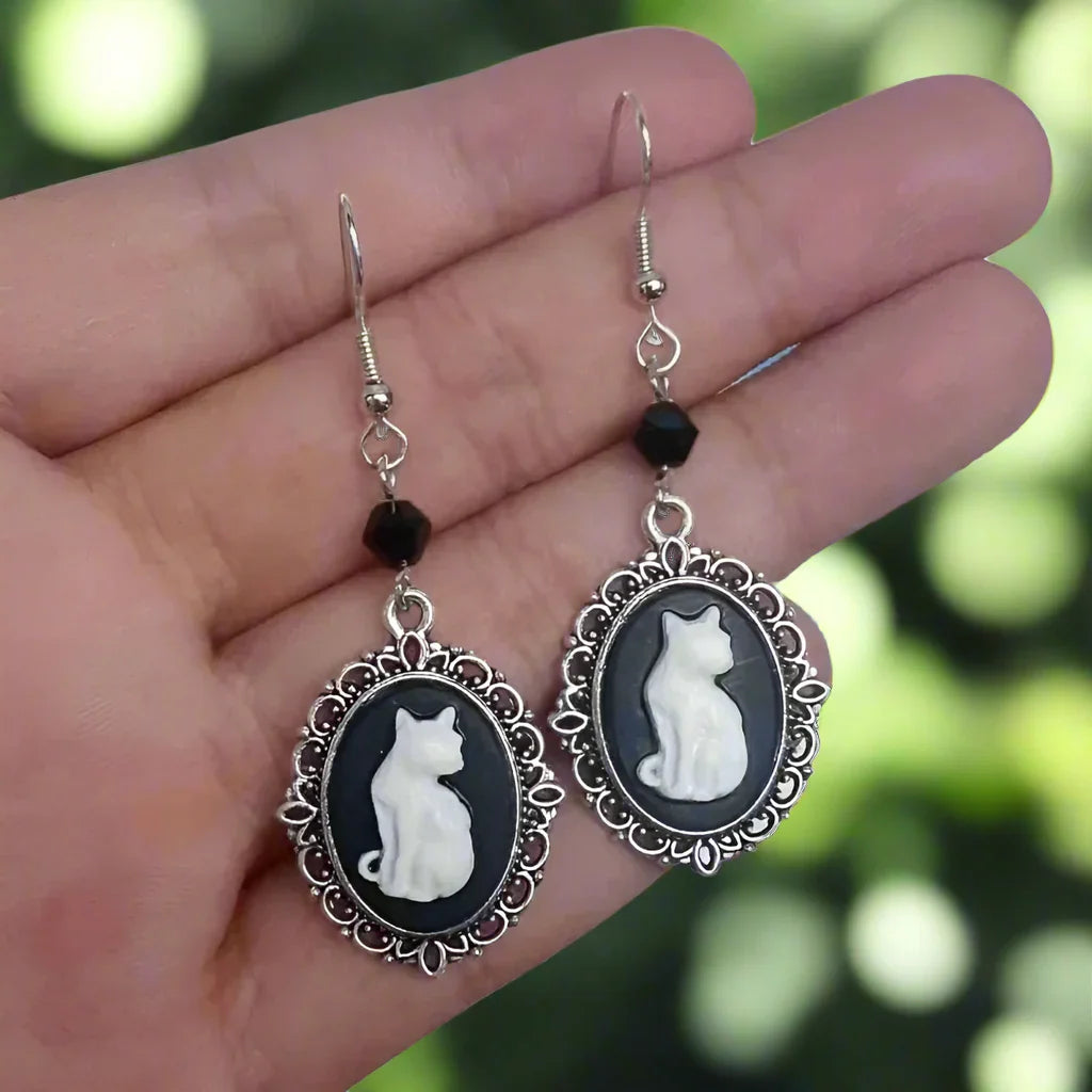 Vintage White Cat Drop Earrings – Silver Frame Jewelry for Women