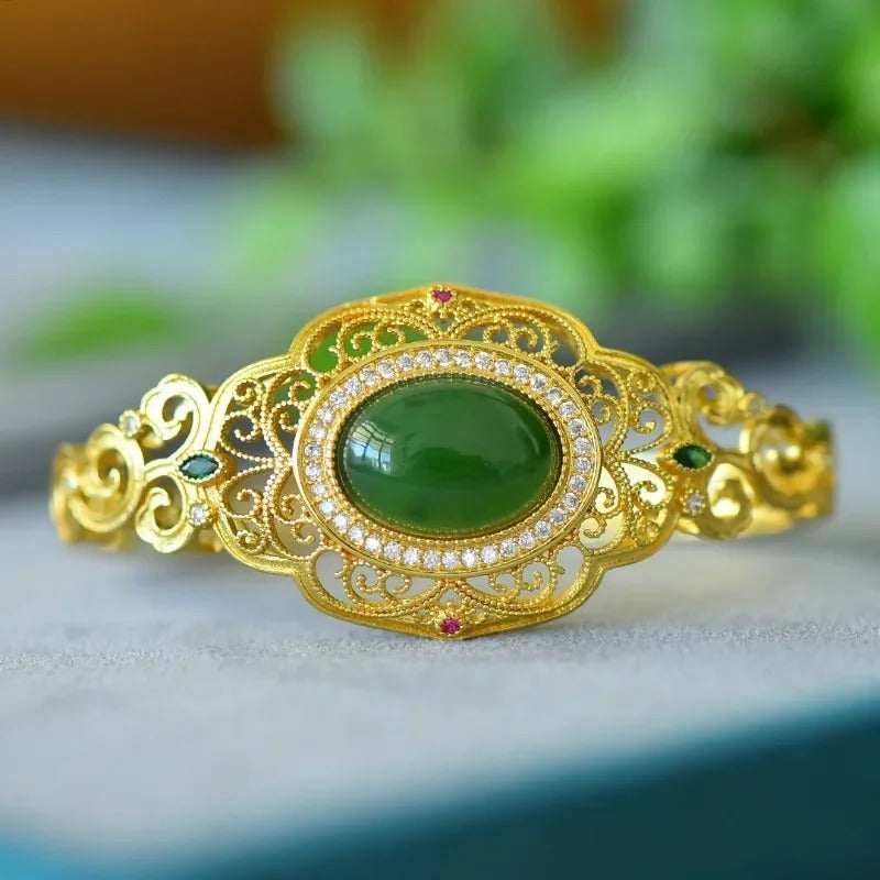 Timeless Gold Green Gem & Scrolling Floral Design Bracelet-Lydieannejewelry