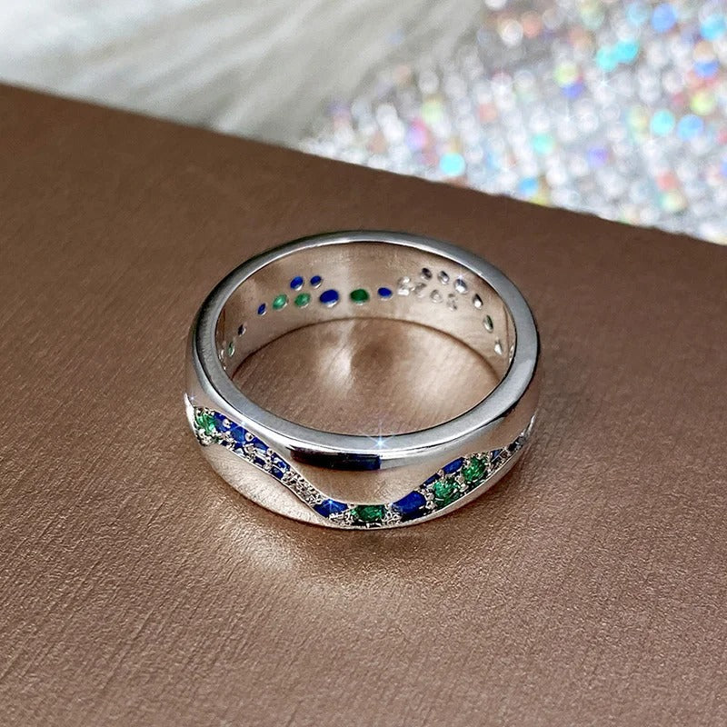Vintage Silver Blue & Green Stone Wave Ring-Lydieannejewelry
