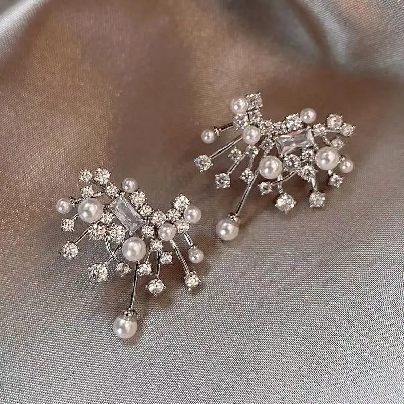 Silver Pearl & Crystal Starburst Cluster Earrings-Lydieannejewelry