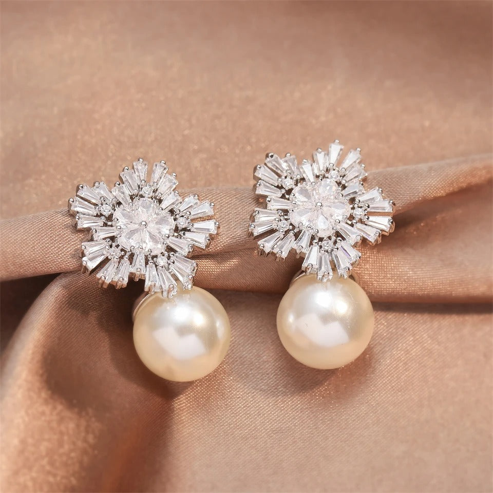 Vintage Snowflake Pearl Drop Earrings-Lydieannejewelry