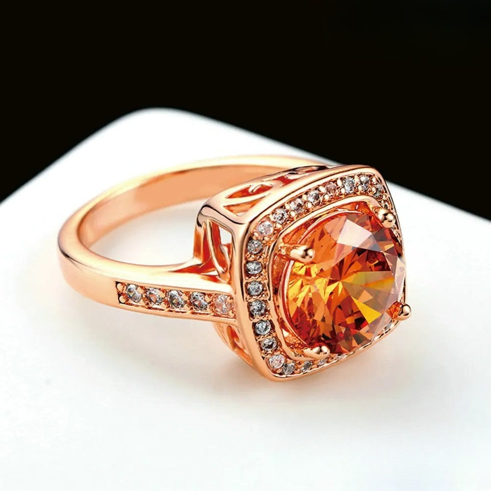 Rose Gold Crystal Center Stone & Sparkling Halo Ring-Lydieannejewelry