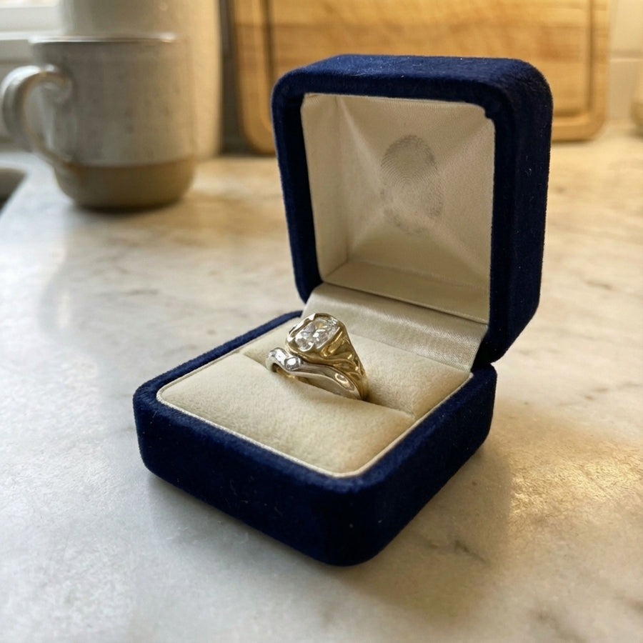 Vintage White Glass Gold & Silver Ring set
