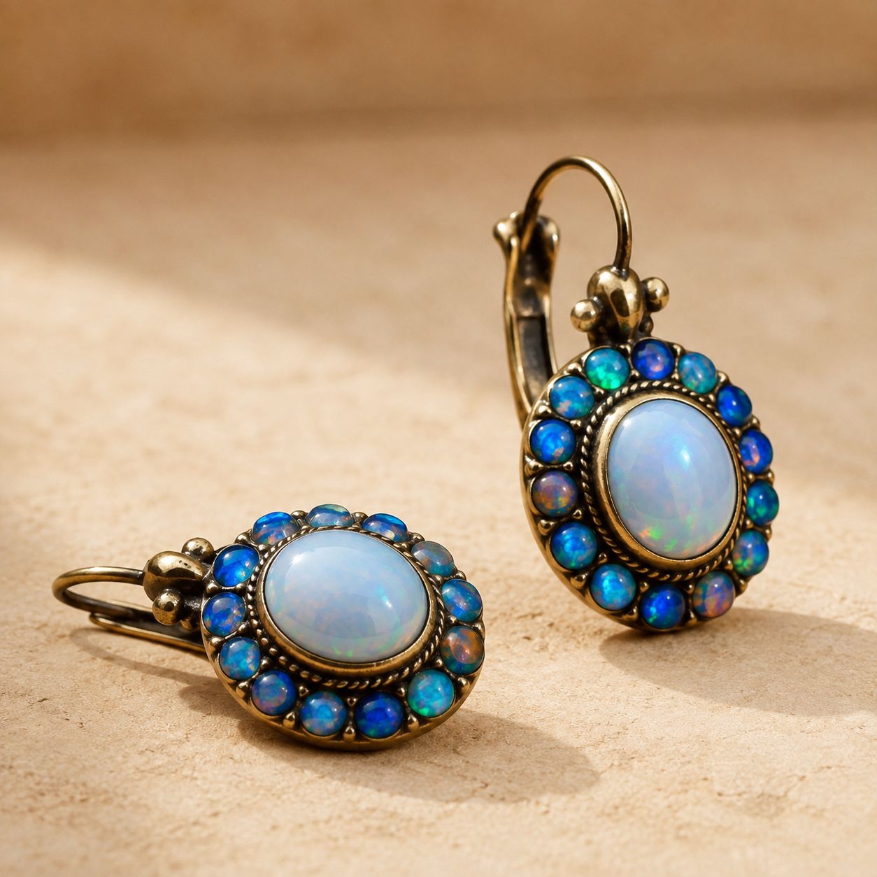 Vintage Oval Opal Leverback Drop Earrings