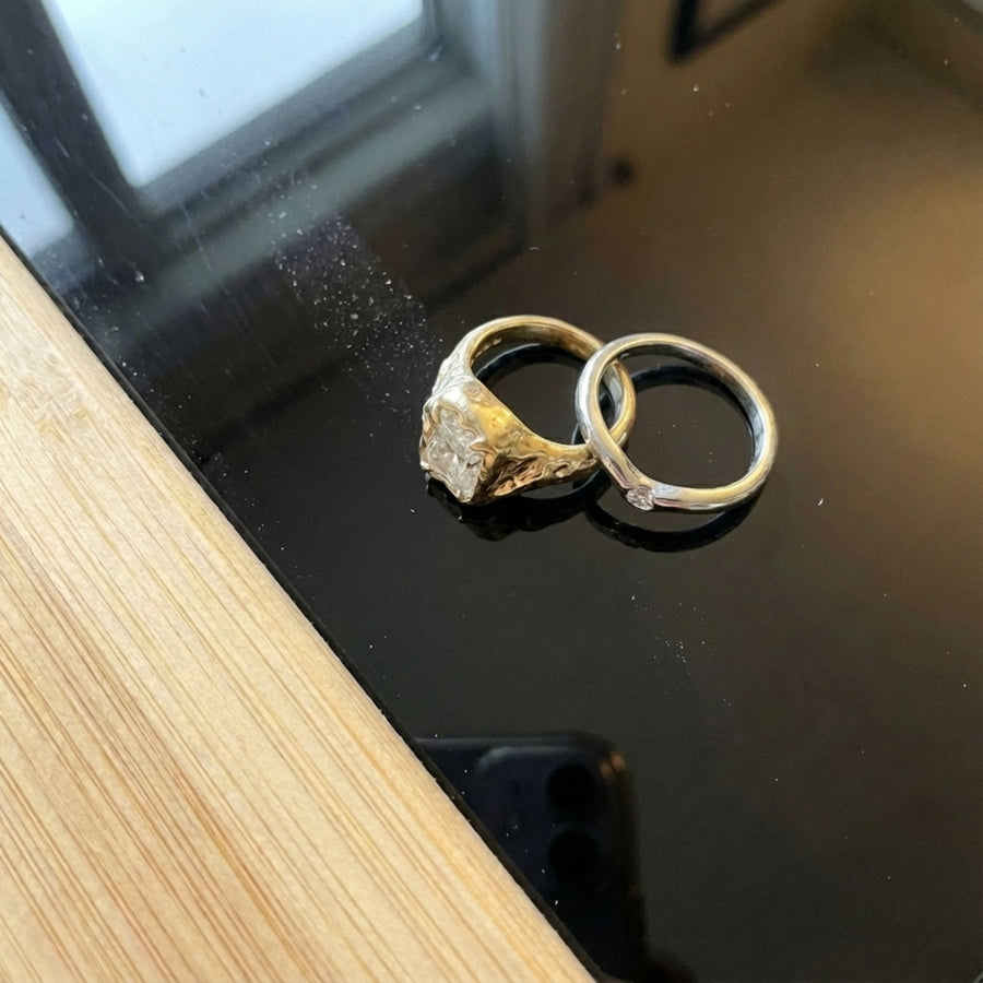 Vintage White Glass Gold & Silver Ring set