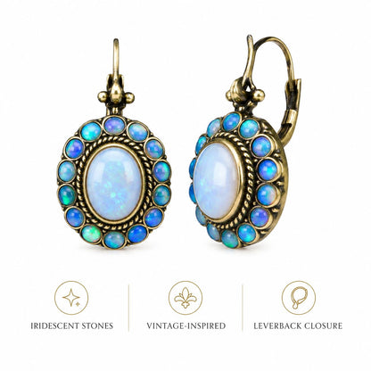Vintage Oval Opal Leverback Drop Earrings
