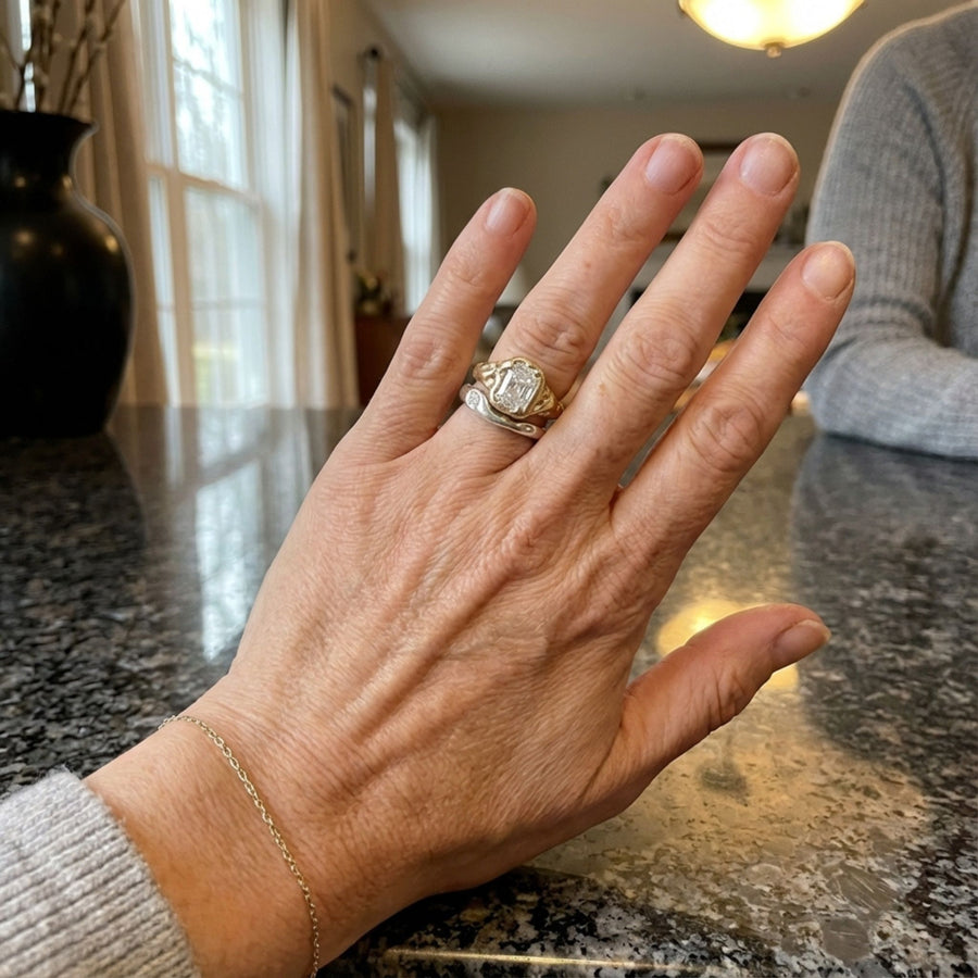 Vintage White Glass Gold & Silver Ring set