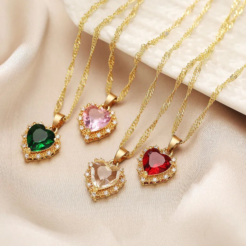Gold Heart Pendant Necklace with Colorful Rhinestones