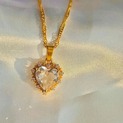 Gold Heart Pendant Necklace with Colorful Rhinestones