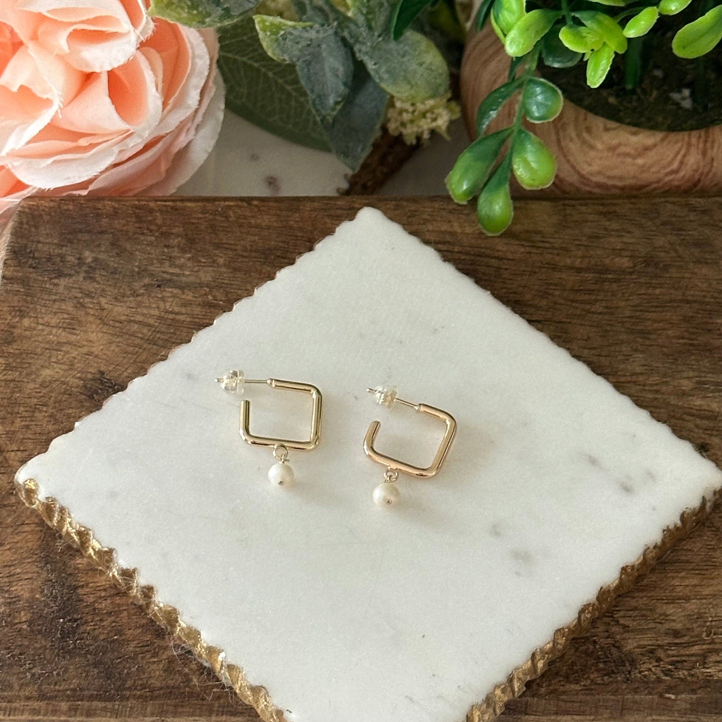 Dalila Square Hoop Pearl Earrings-Lydieannejewelry