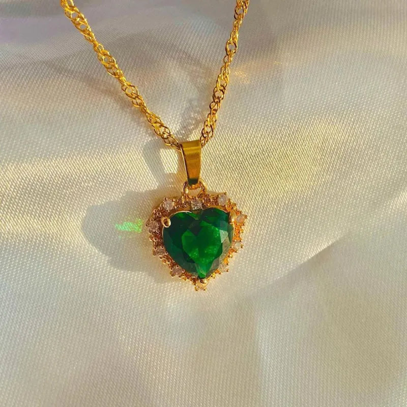 Gold Heart Pendant Necklace with Colorful Rhinestones