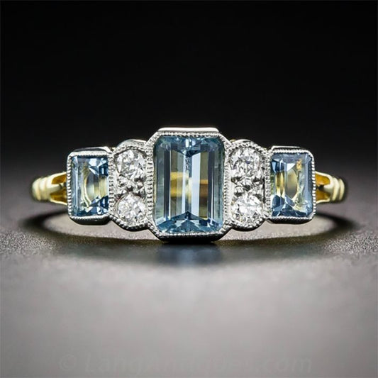 Vintage Blue & White Cubic Glass Gold Ring-Lydieannejewelry