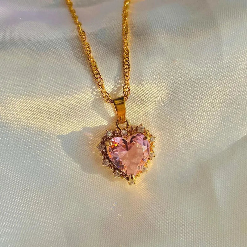 Gold Heart Pendant Necklace with Colorful Rhinestones