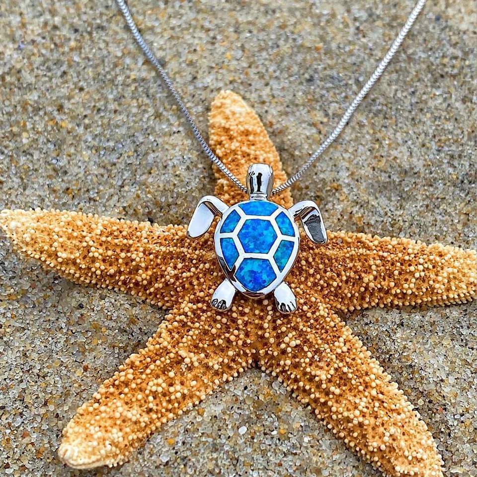 Sea Turtle Necklace + Earrings Set in Opal and Silver-Lydieannejewelry