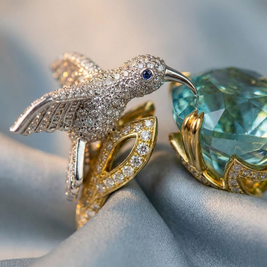 Adjustable Aquamarine Color Hummingbird Ring