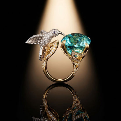 Adjustable Aquamarine Color Hummingbird Ring