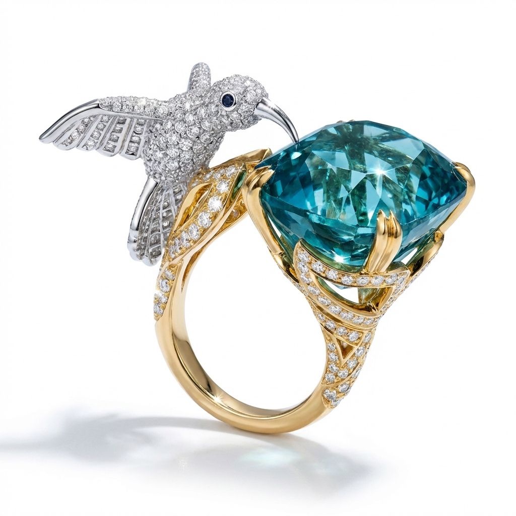 Adjustable Aquamarine Color Hummingbird Ring