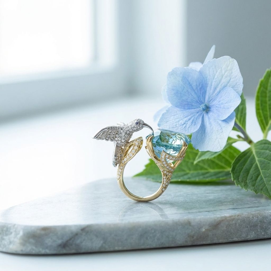 Adjustable Aquamarine Color Hummingbird Ring