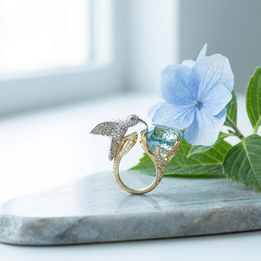 Adjustable Aquamarine Color Hummingbird Ring