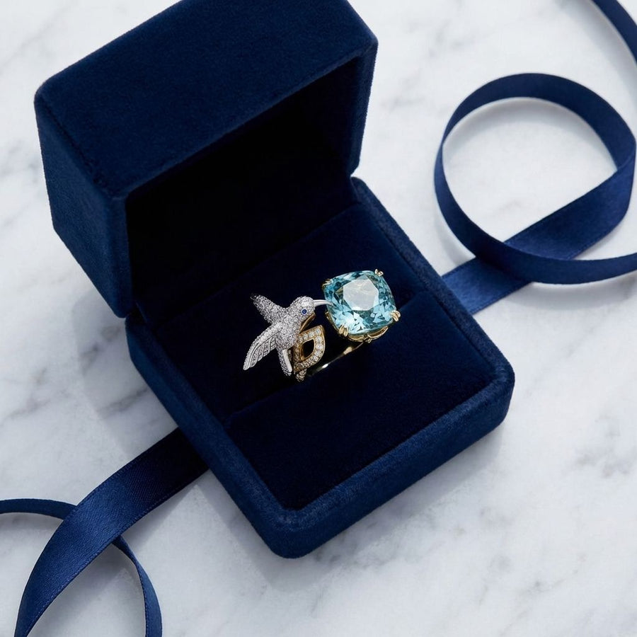 Adjustable Aquamarine Color Hummingbird Ring