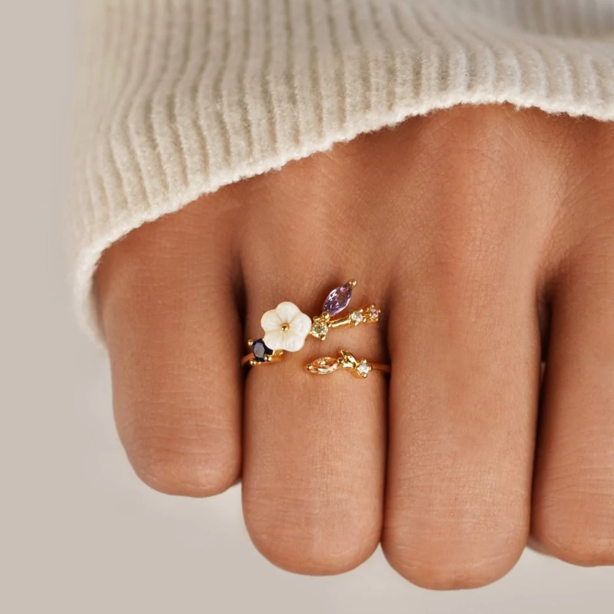 Wildflower with Colorful Zirconia Adjustable Ring in Gold-Lydieannejewelry