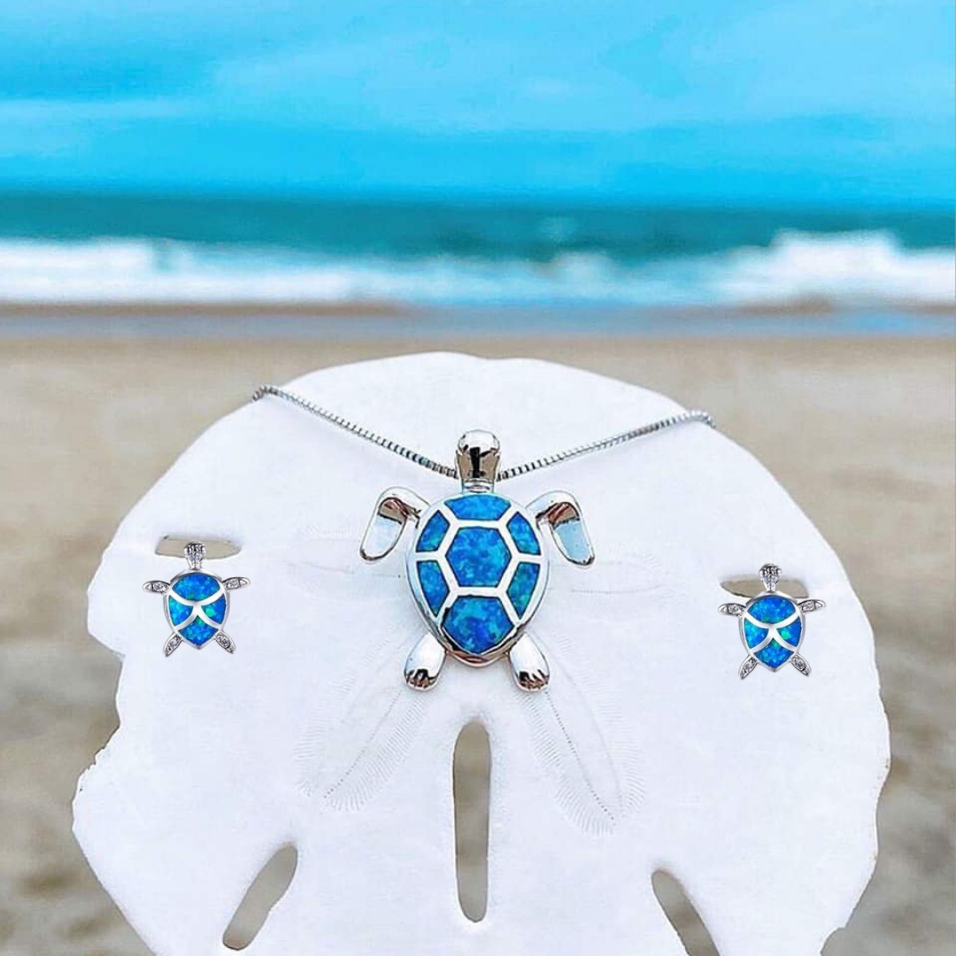 Sea Turtle Necklace + Earrings Set in Opal and Silver-Lydieannejewelry