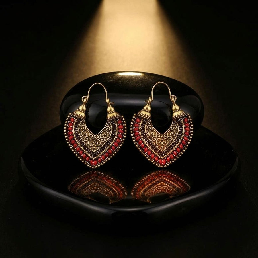 Vintage Gold & Red Tribal Hoop Earrings