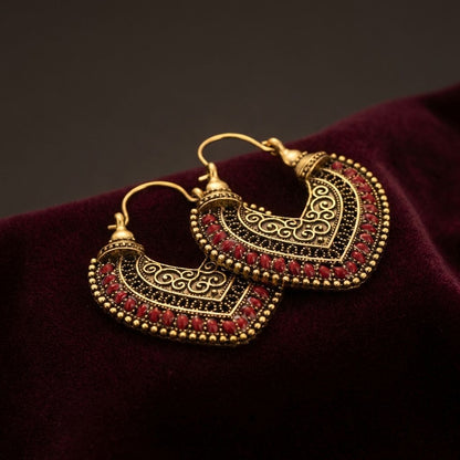 Vintage Gold & Red Tribal Hoop Earrings
