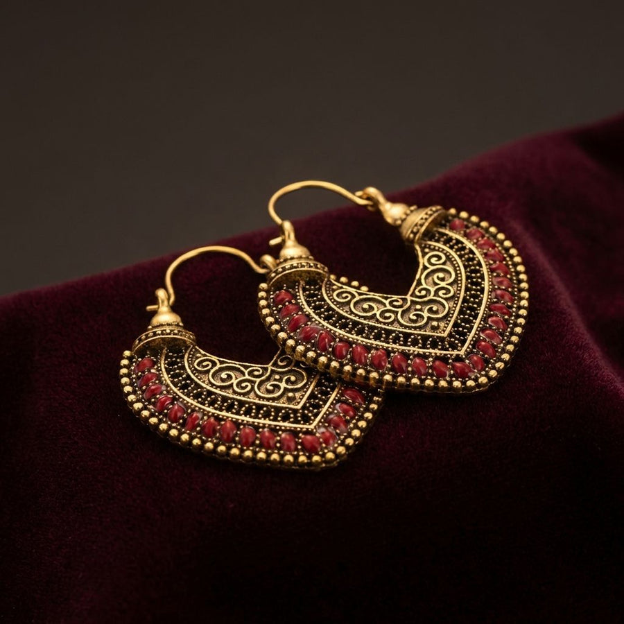 Vintage Gold & Red Tribal Hoop Earrings