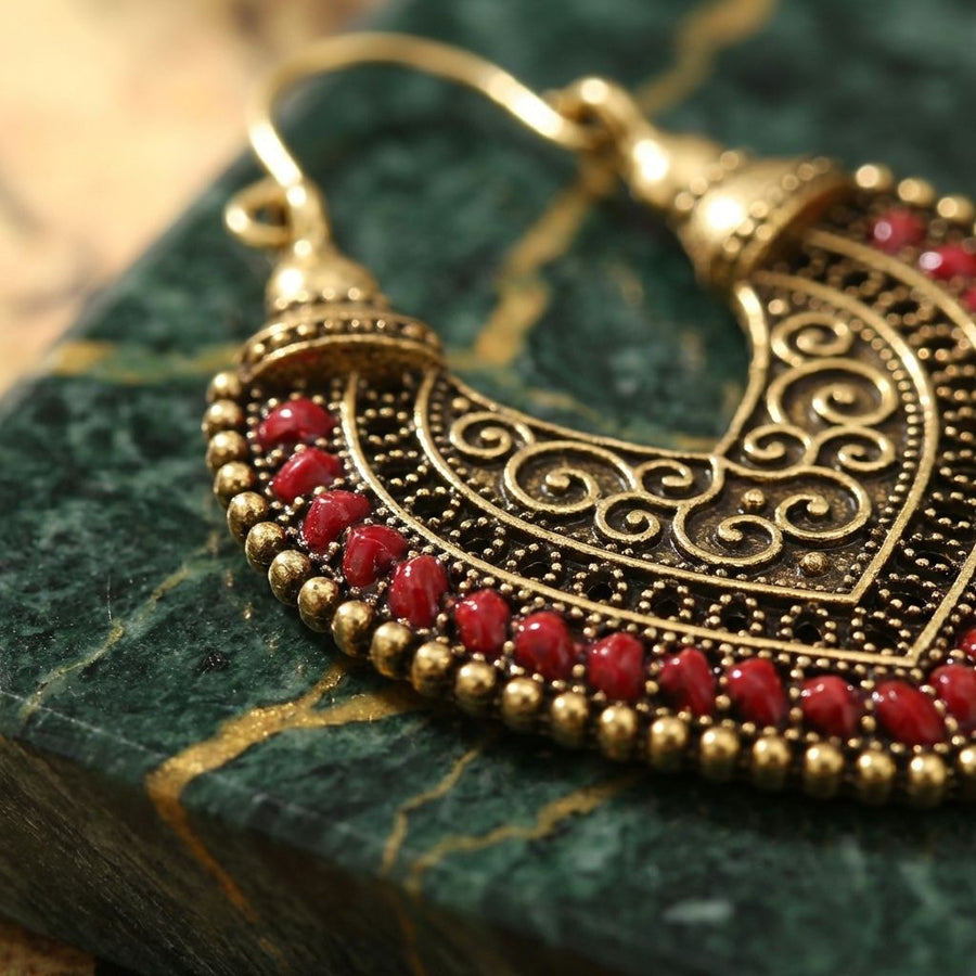 Vintage Gold & Red Tribal Hoop Earrings
