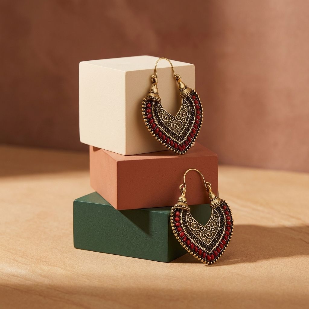 Vintage Gold & Red Tribal Hoop Earrings