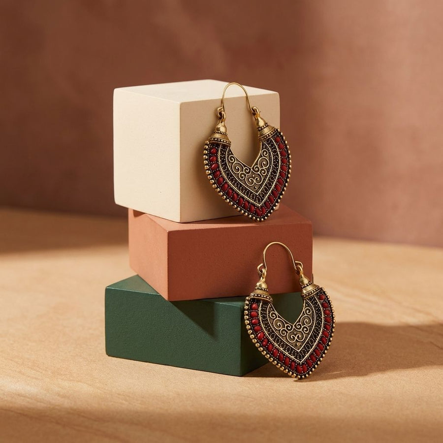 Vintage Gold & Red Tribal Hoop Earrings