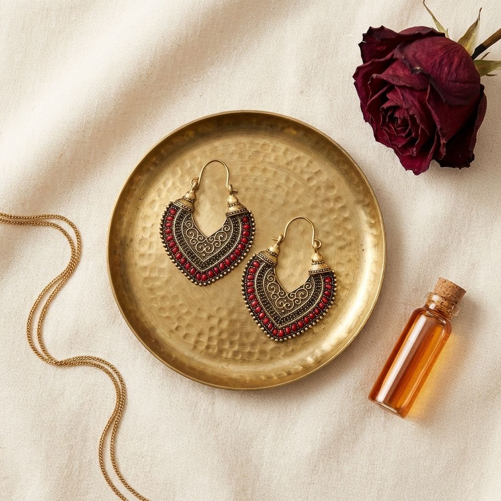 Vintage Gold & Red Tribal Hoop Earrings