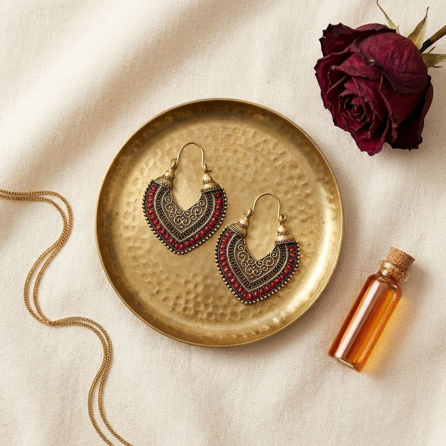 Vintage Gold & Red Tribal Hoop Earrings
