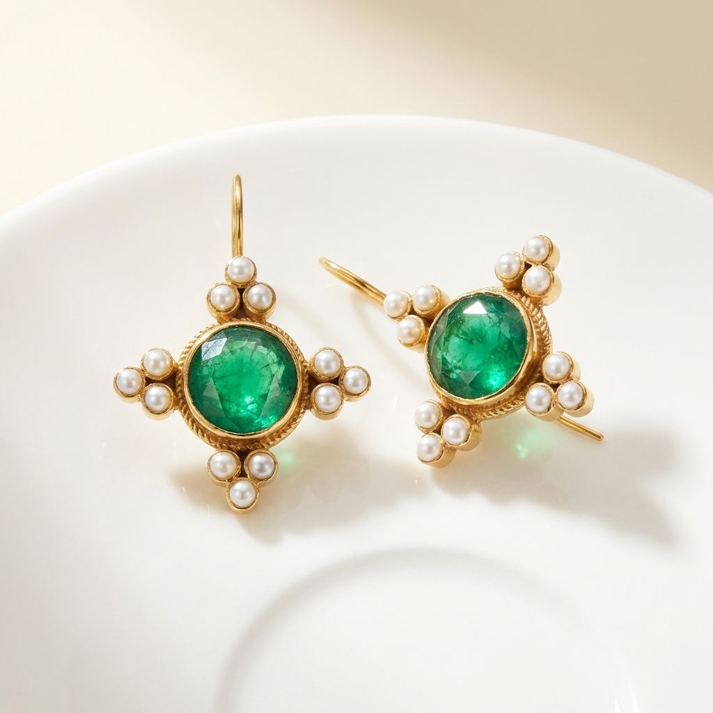 Vintage Green Crystal & Pearls Earrings