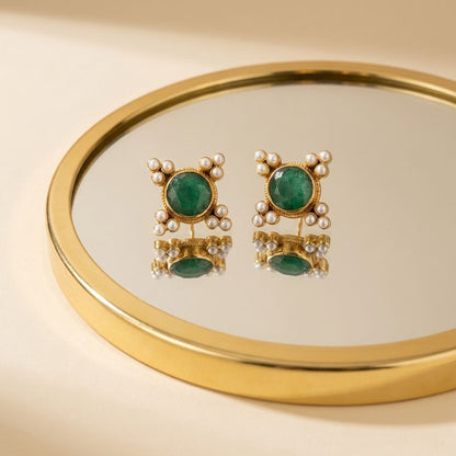 Vintage Green Crystal & Pearls Earrings