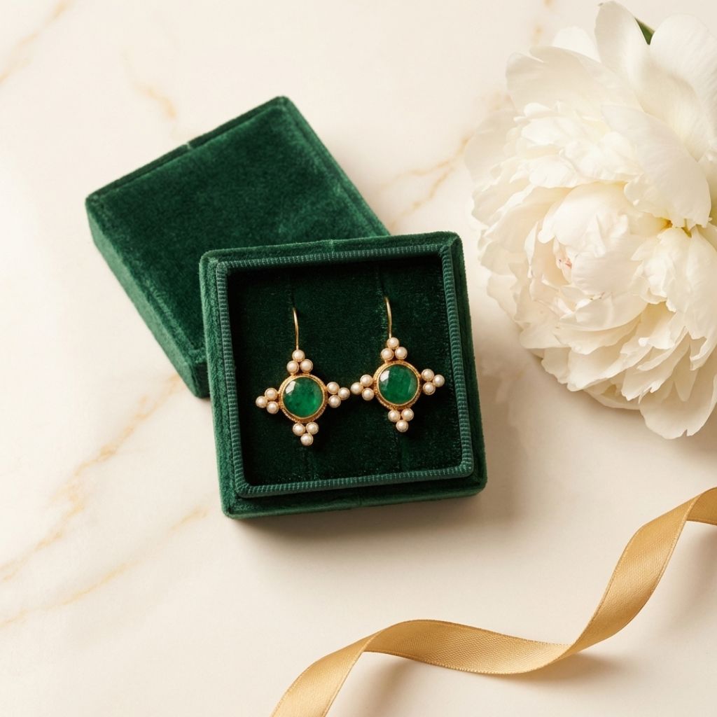 Vintage Green Crystal & Pearls Earrings