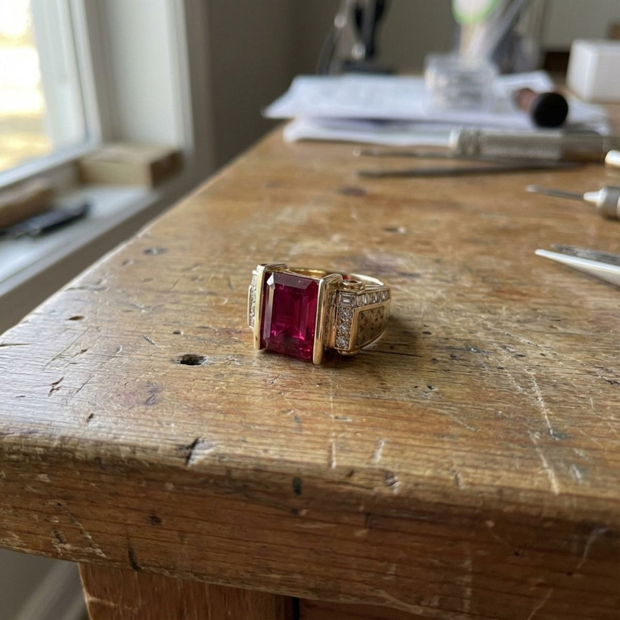 Vintage Cubic Garnet Crystal Gold Ring