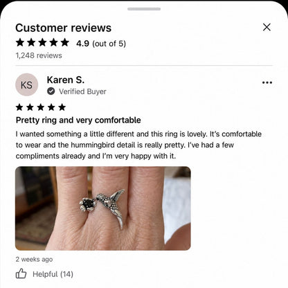 Hummingbird & Flower Ring – Adjustable Open Bird Ring for Women