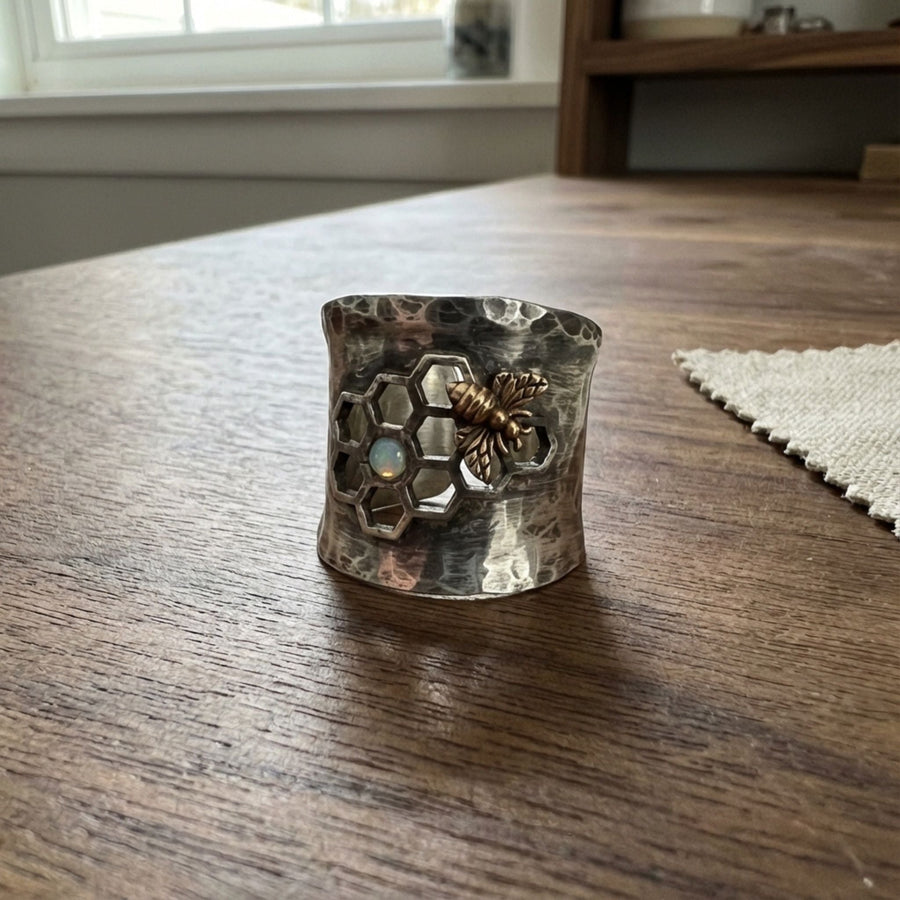 Vintage Bee Sterling Silver Opal Ring