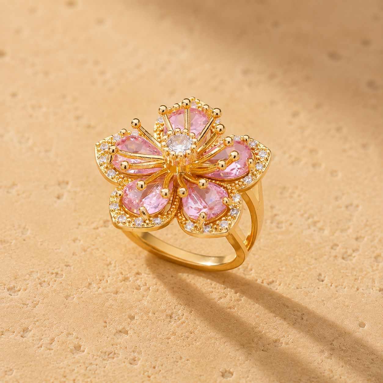 Pink Crystal Flower Statement Ring