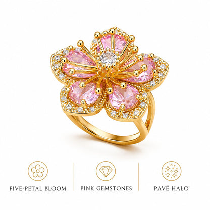 Pink Crystal Flower Statement Ring