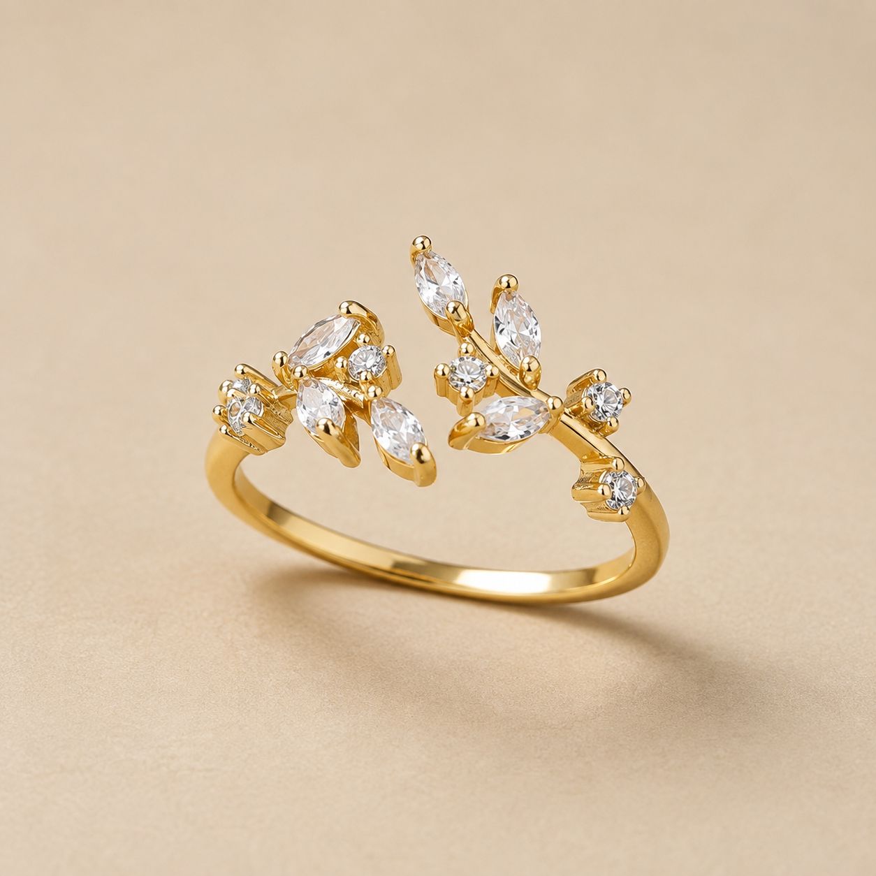 Crystal Leaf Branch Ring - Gold Tone