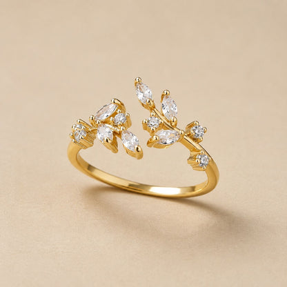 Crystal Leaf Branch Ring - Gold Tone